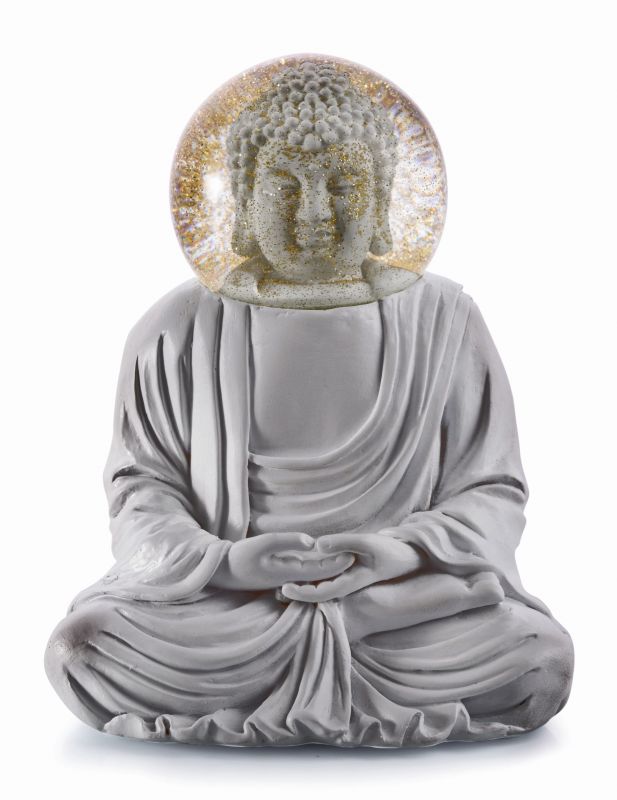 Summerglobes Buddha Glitzerkugel: Graue Buddha Figur mit goldener Glitzerkugel als Kopf. Dekoration und Geschenkidee.